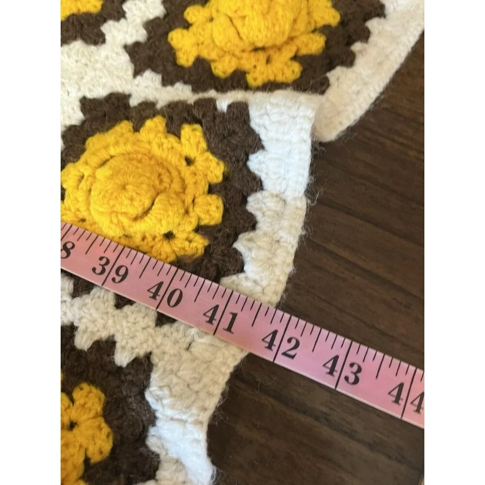 Handmade Crochet‎ Knit Floral Granny Square Blanket Yellow Brown White 55”x42”